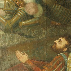 Pormenor da pintura de D. João I depositando as armas no altar da Senhora da Oliveira após a batalha de Aljubarrota. Século XVII.