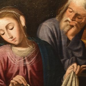 Pormenor da pintura da Sagrada Família em óleo sobre tela. Século XVII.