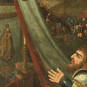 Pormenor da pintura a óleo sobre tela com D. João I a rezar à Senhora da Oliveira na Batalha de Aljubarrota.