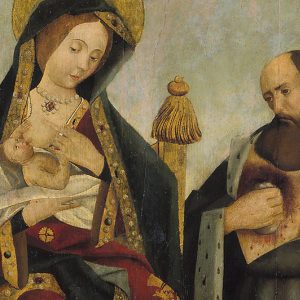 Pormenor da pintura a óleo sobre madeira, do século XVI. Virgem do Leite e São Jerónimo.