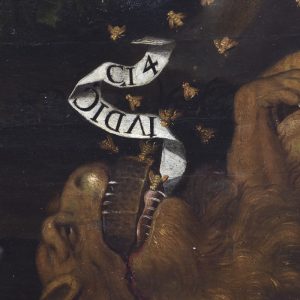 Leão com filactera e abelhas: Pormenor da pintura 'Sanção despedaçando o leão'. Século XVII.