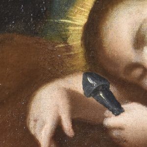 Jesus Menino segurando cravo da cricificação. Pormenor da pintura a óleo 'Sagrada Família'. Século XVII.
