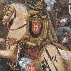 Cavalo do rei. Pormenor da pintura a óleo 'D. João I invocando Senhora da Oliveira na batalha de Aljubarrota'. Século XVII.