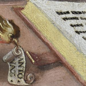 Livro e pintassilgo com filactera. Pormenor da pintura a óleo sobre madeira 'Virgem com o Menino'. Século XVI.