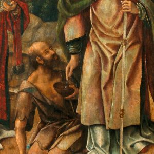 Mendigo a receber esmola. Pormenor da pintura a óleo sobre madeira 'São Martinho, São Vicente e São Sebastião'. Século XVI.