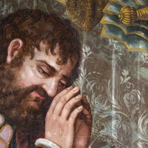 Rosto do rei. Pormenor da pintura a óleo sobre tela 'Afonso Henriques venerando Nossa Senhora da Oliveira'. Século XVII.