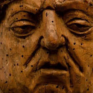 Rosto. Pormenor da escultura em madeira policromada 'Santo Bispo'. Século XVI.
