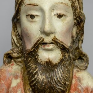 Rosto. Pormenor da escultura em calcário policromado 'São Paulo'. Século XVII.