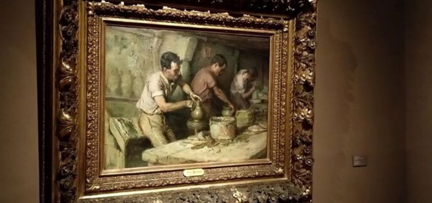 Pintura "Os Oleiros", de José Malhoa. Exposição temporária de arte contemporânea.
